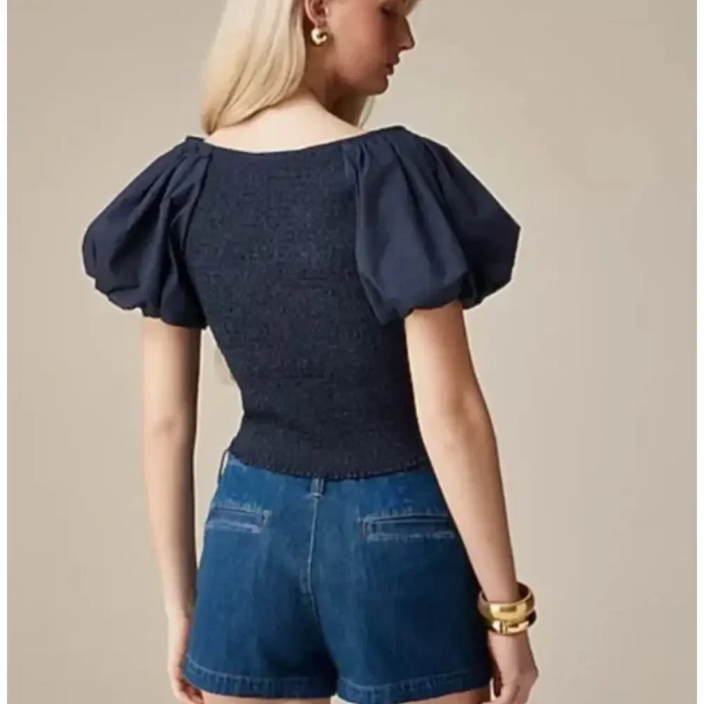 J Crew Puff Sleeve Cropped Top 100% Cotton Poplin Navy Women's‎ Size 4 Summer